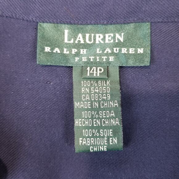 Lauren Ralph Lauren Blouse Womens Petite 14P Navy 100% Silk Button Front - Picture 5 of 8